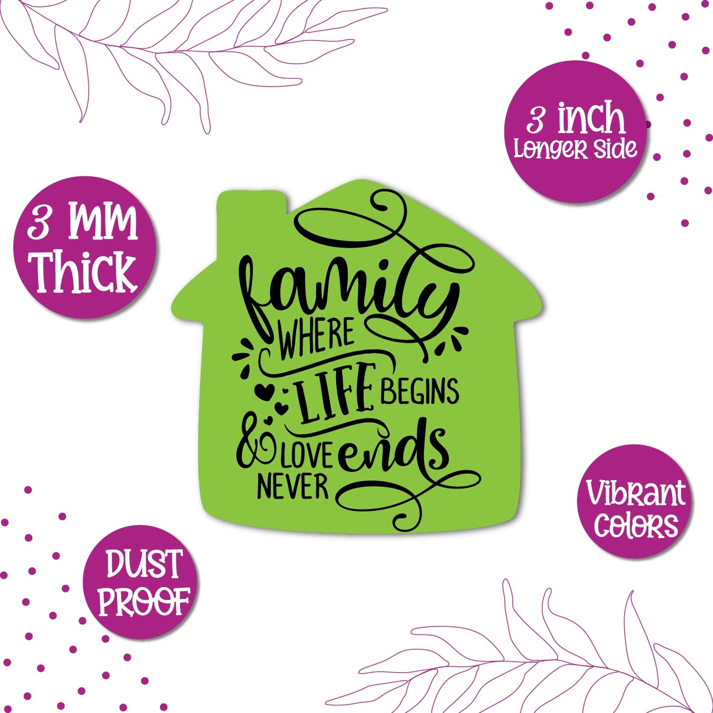 "Family where love begins" magnet with a heart motif.