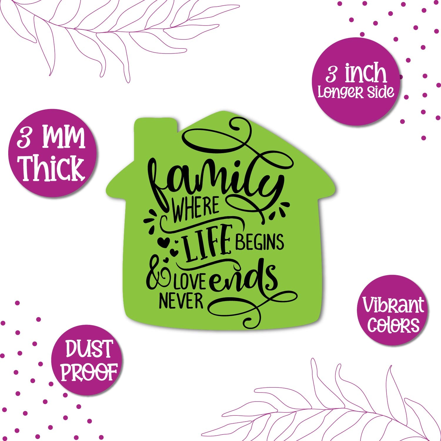 "Family where love begins" magnet with a heart motif.