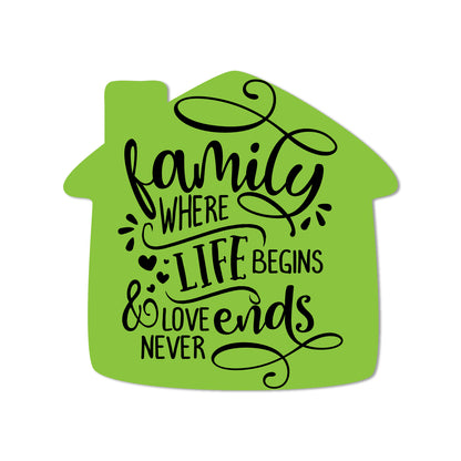 Decorative family quote magnet on a metal surface.