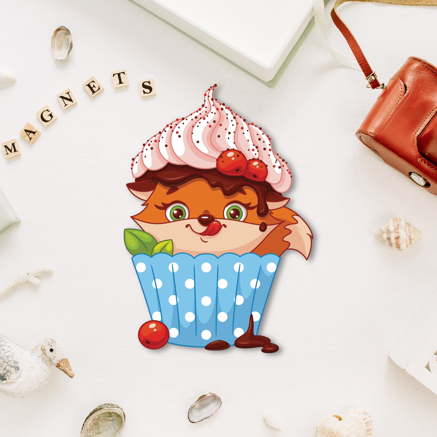 Fox In Cupcake Wooden Fridge / Refrigerator Magnet