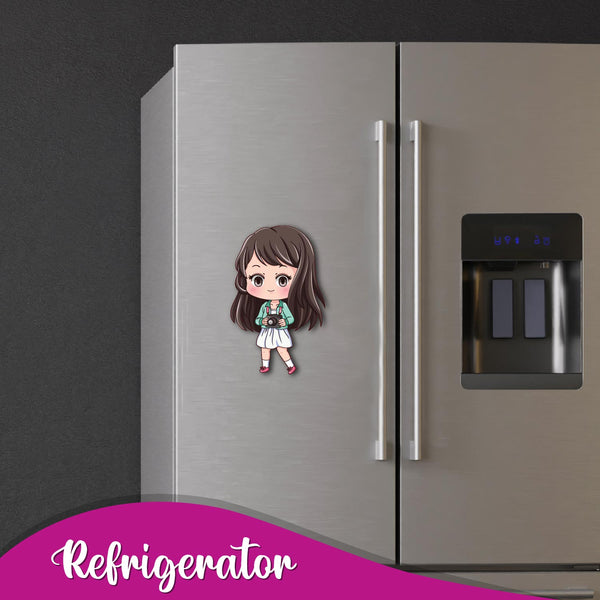 Girl with Camera Wooden Fridge Magnet