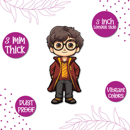 A Harry Potter character figure on a fridge magnet.