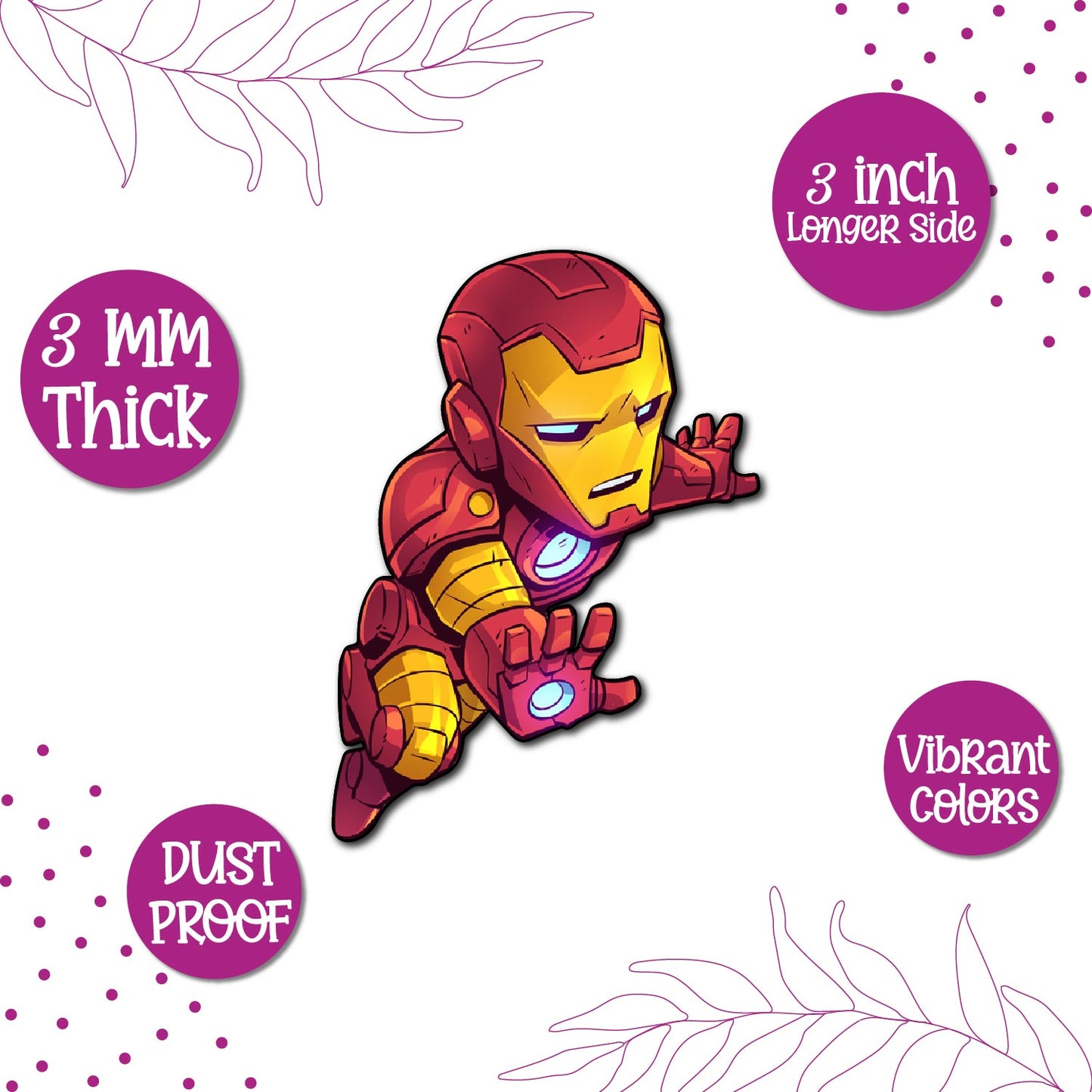 An Ironman superhero figure on a fridge magnet.