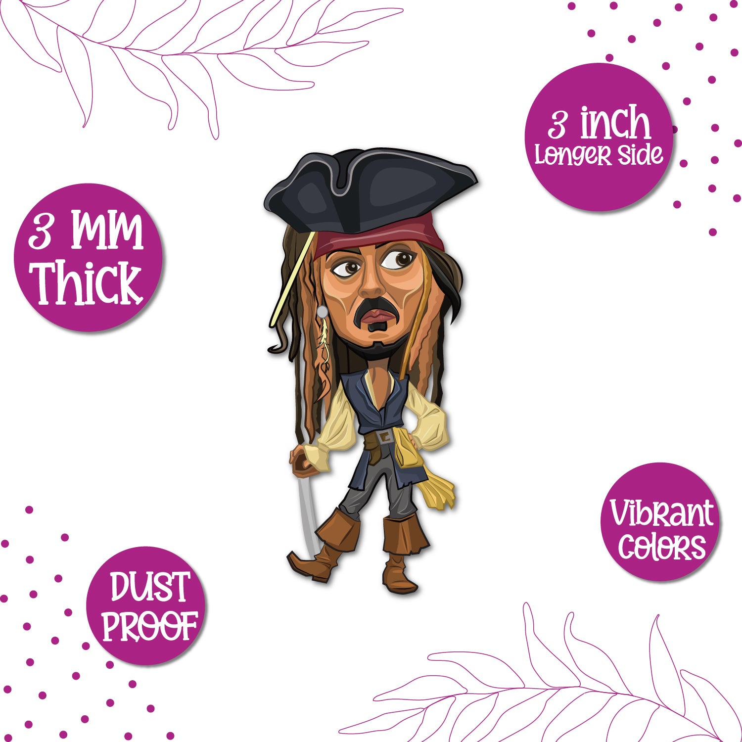 A Jack Sparrow pirate figure from Pirates of the Caribbean on a magnet.