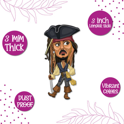 A Jack Sparrow pirate figure from Pirates of the Caribbean on a magnet.