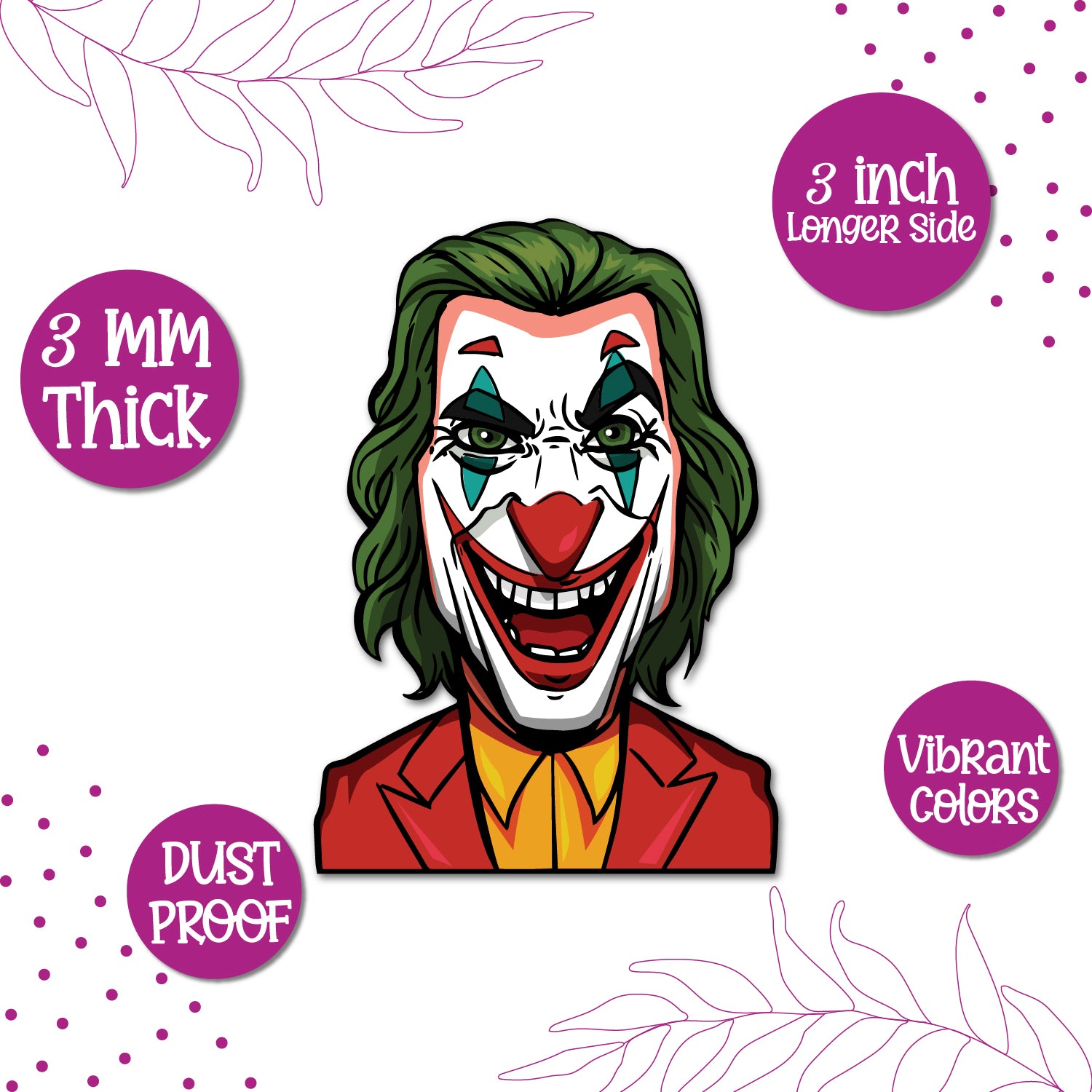 A Joker villain figure from DC Comics on a fridge magnet.