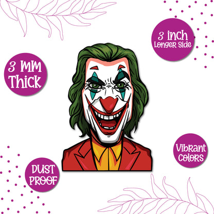 A Joker villain figure from DC Comics on a fridge magnet.
