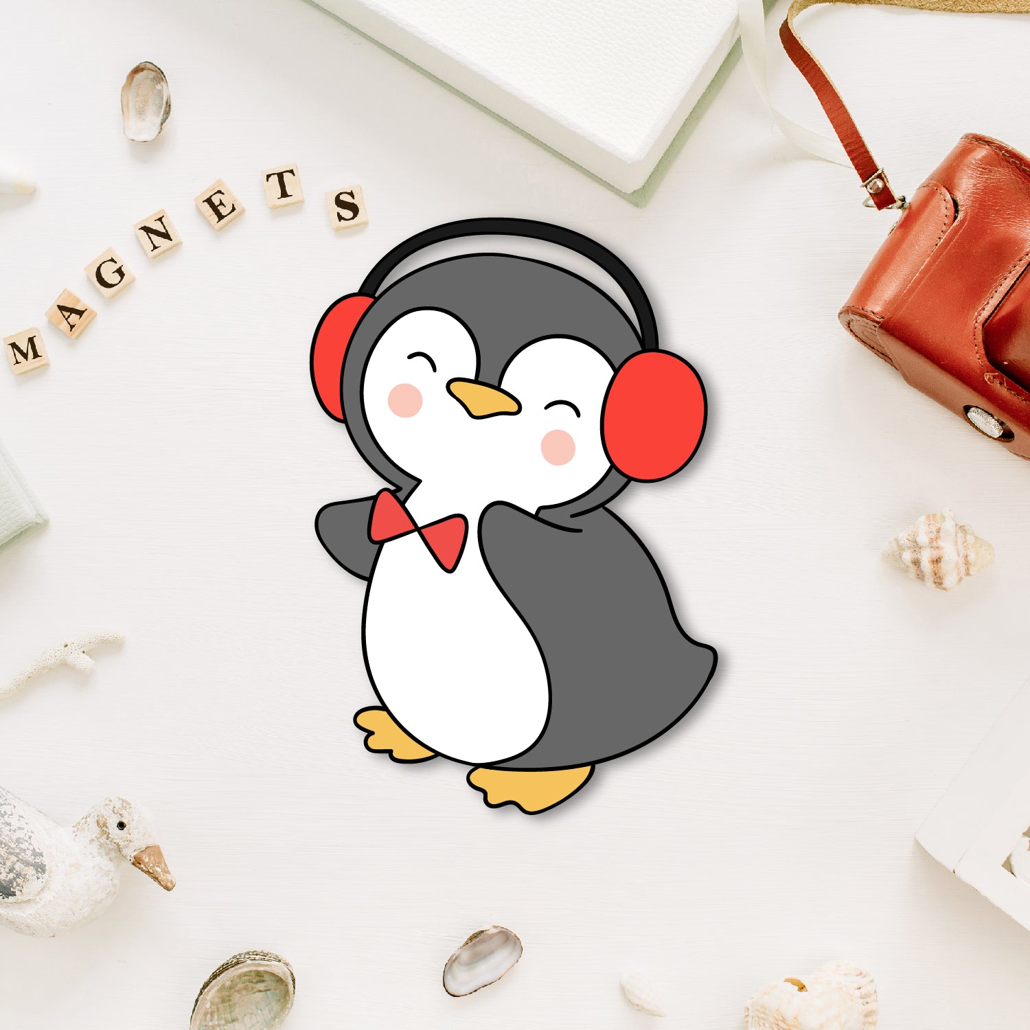 Penguin with headphone Wooden Fridge Magnet