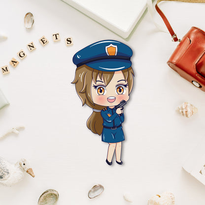 Female police officer magnet with a badge