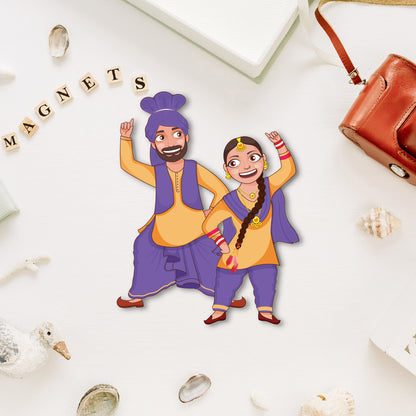 Premium wooden punjabi couple fridge magnet handmade in India