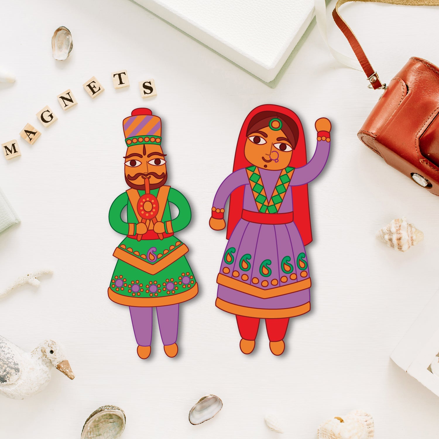 Premium wooden rajasthani couple fridge magnet handmade in India