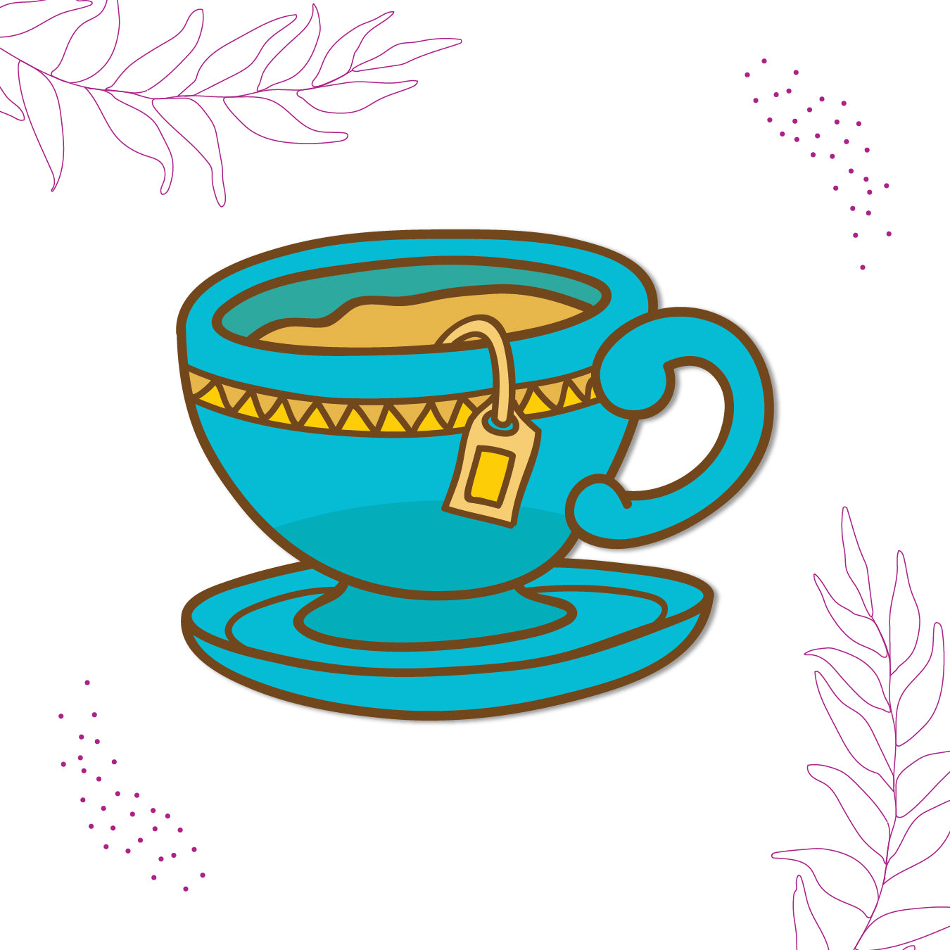 Close-up of a cute tea cup magnet on a refrigerator.