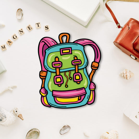 Travel backpack fridge magnet with hiking poles.