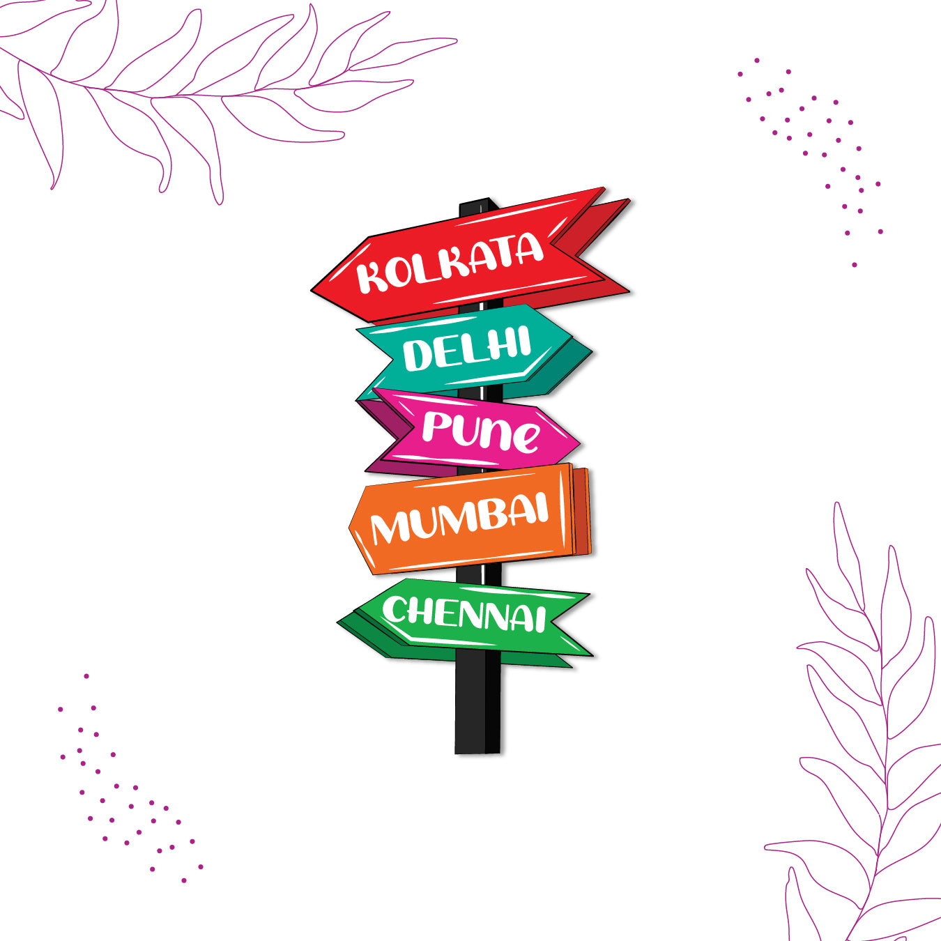 Decorative travel magnet pointing to Indian cities.