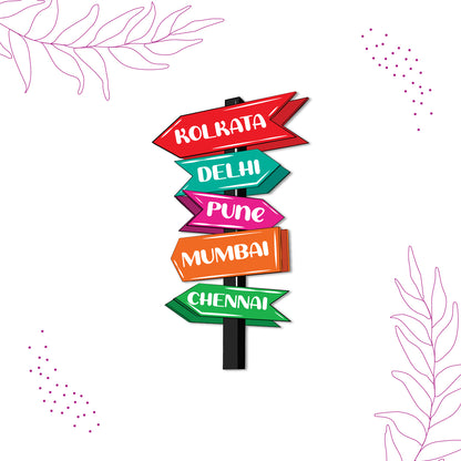 Decorative travel magnet pointing to Indian cities.