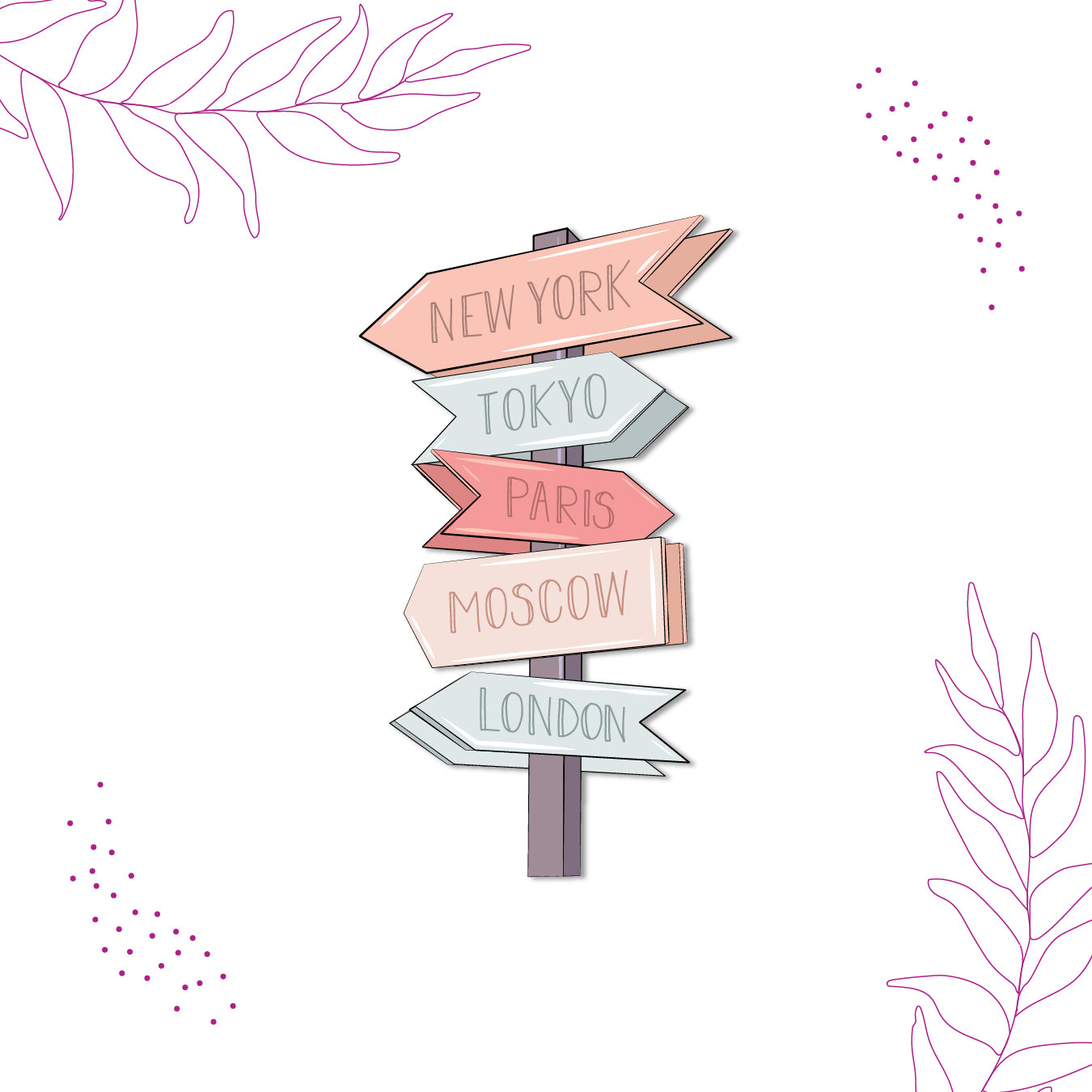 Decorative travel magnet pointing to international cities.