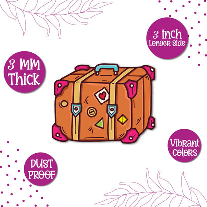 A collection of travel-themed magnets including the luggage.