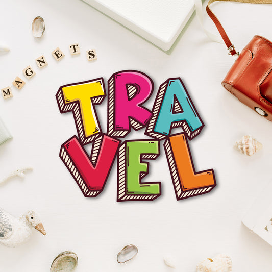 Globe-themed travel fridge magnet.