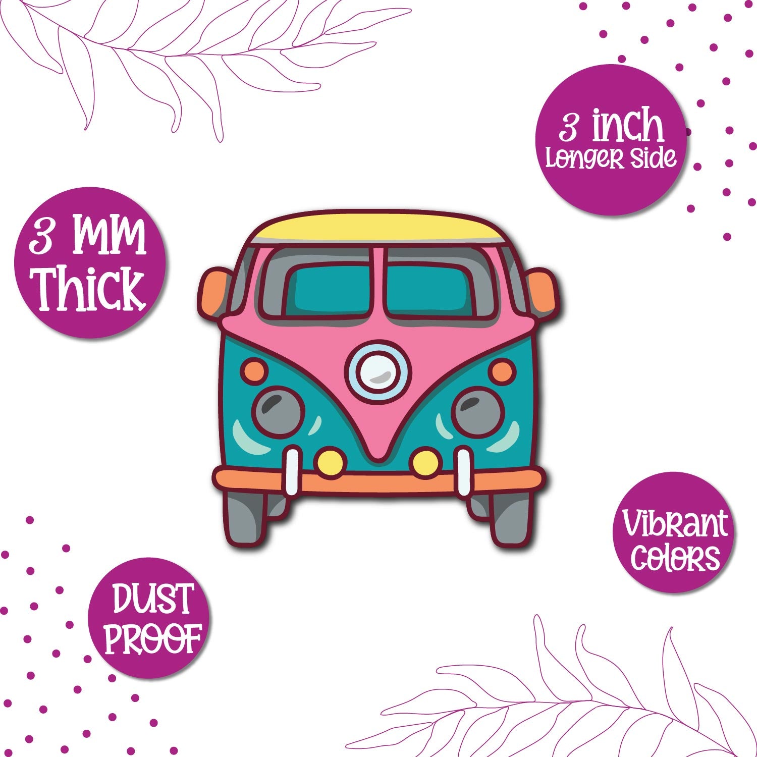 A collection of travel-themed magnets including the van.