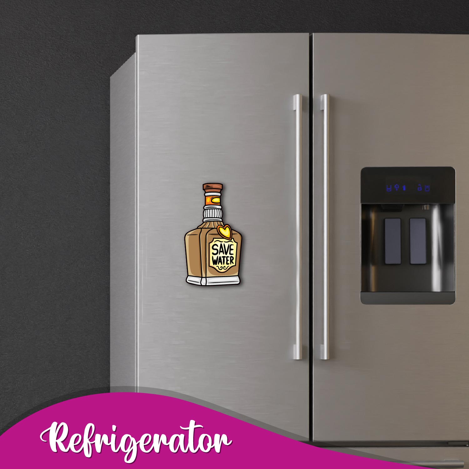 A decorative fridge magnet in the shape of a classic spirit bottle.