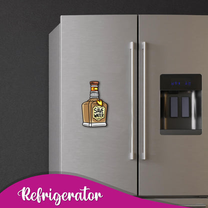 A decorative fridge magnet in the shape of a classic spirit bottle.