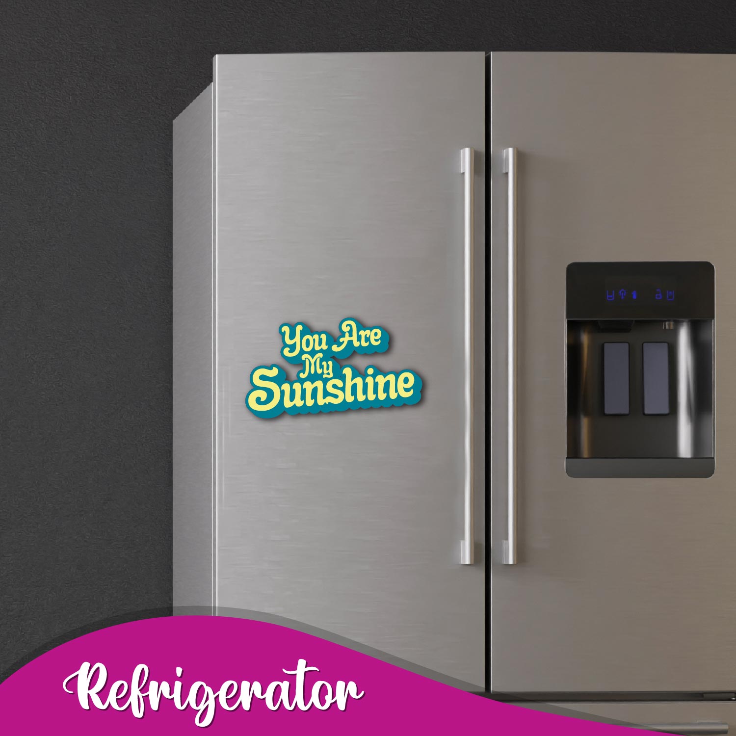 Close-up of the "You Are My Sunshine" text on a magnet.