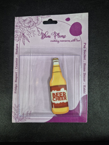 A quirky beer bottle-themed magnet with a strong magnetic hold.