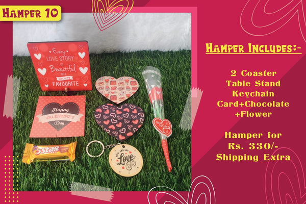Valentine Gift Box (Hamper No 10)- 6 products (Coaster , Table Frame, Keychain, Card, Chocolate and Rose)