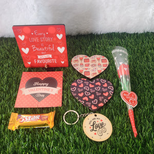 Valentine Gift Box (Hamper No 10)- 6 products (Coaster , Table Frame, Keychain, Card, Chocolate and Rose)