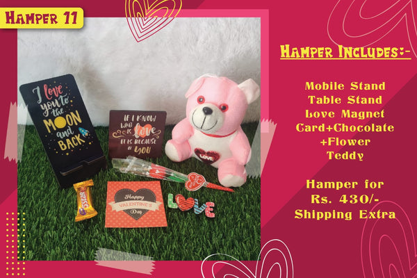 Valentine Gift Box (Hamper No 11)- 7 products (Mobile Stand , Desk Frame, Fridge Magnet ,Card, Chocolate , Teddy and Rose)