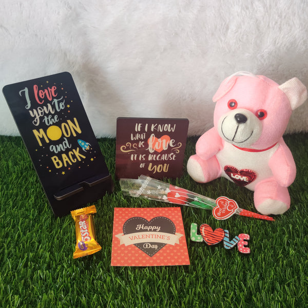 Valentine Gift Box (Hamper No 11)- 7 products (Mobile Stand , Desk Frame, Fridge Magnet ,Card, Chocolate , Teddy and Rose)