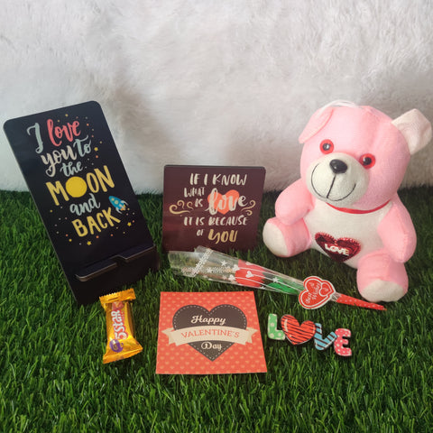 Valentine Gift Box (Hamper No 11)- 7 products (Mobile Stand , Desk Frame, Fridge Magnet ,Card, Chocolate , Teddy and Rose)