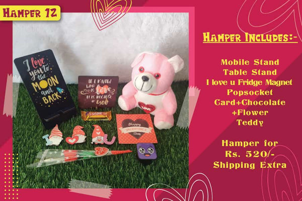 Valentine Gift (Hamper No 12)- 8 products (Mobile Stand , Desk Frame, Fridge Magnet ,Pop Socket, Card, Chocolate , Teddy and Rose)