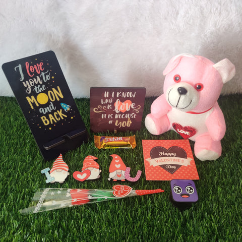 Valentine Gift (Hamper No 12)- 8 products (Mobile Stand , Desk Frame, Fridge Magnet ,Pop Socket, Card, Chocolate , Teddy and Rose)