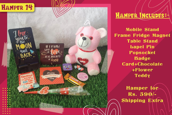 Valentine Gift (Hamper No 14)- 10 products (Mobile Stand , Desk Frame, Fridge Magnet ,,Pop Socket, Badge, Lapel Pin, Card, Chocolate , Teddy and Rose)