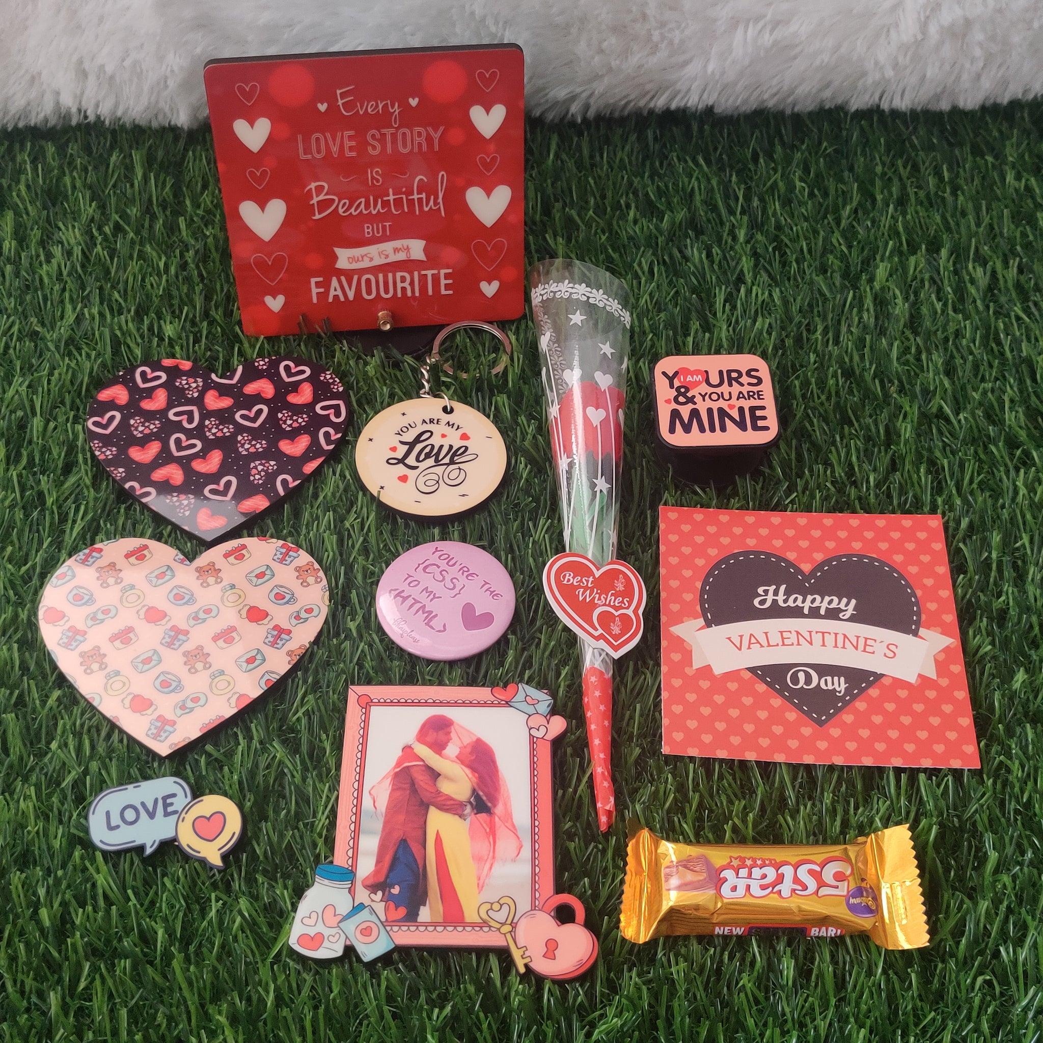Valentine Hamper - 10 products (Personalised Fridge Magnet , Desk Frame, Coaster , Pin , Badge , Keychain , Pop Holder, Card, Chocolate and Rose)