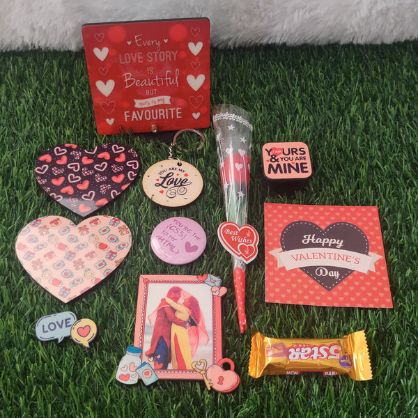 Valentine Hamper - 10 products (Personalised Fridge Magnet , Desk Frame, Coaster , Pin , Badge , Keychain , Pop Holder, Card, Chocolate and Rose)