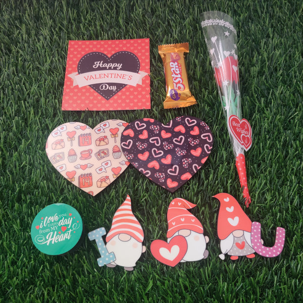 Valentine Gift (Hamper No 3) - 6 products (Fridge Magnet, Coaster , Pop Holder, Card, Chocolate and Rose)