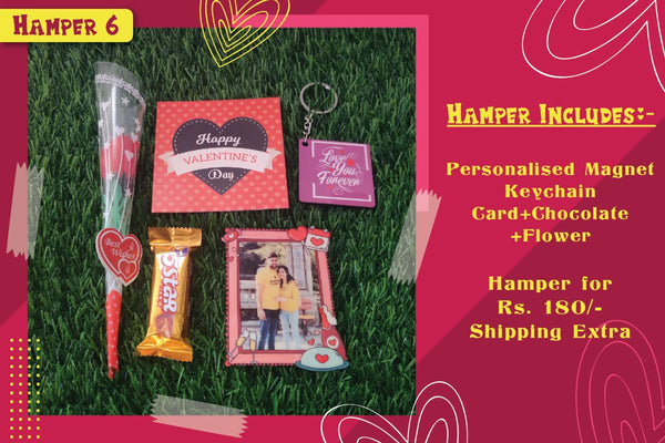 Valentine Gift (Hamper No. 6) (5 Products - Personalised Fridge Magnet, Keychain, Card, Chocolate and Rose)