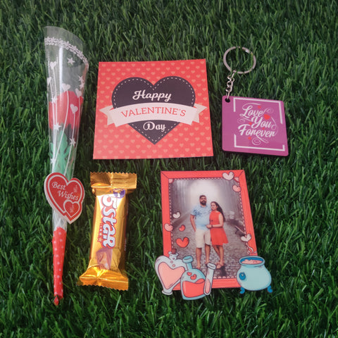 Valentine Gift (Hamper No. 6) (5 Products - Personalised Fridge Magnet, Keychain, Card, Chocolate and Rose)