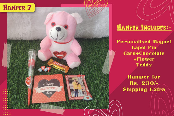 Valentine Gift (Hamper No 7)- 6 products (Personalised Magnet, Lapel Pin, Card, Chocolate , Teddy, and Rose)