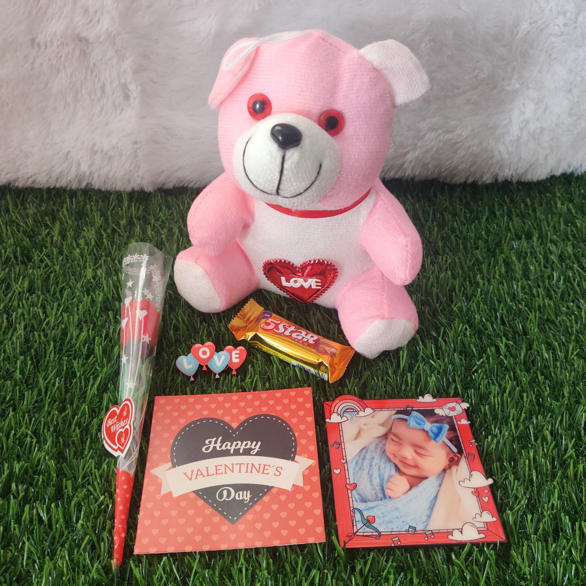 Valentine Gift (Hamper No 7)- 6 products (Personalised Magnet, Lapel Pin, Card, Chocolate , Teddy, and Rose)