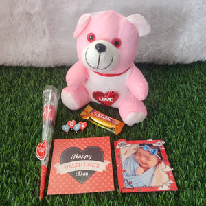 Valentine Gift (Hamper No 7)- 6 products (Personalised Magnet, Lapel Pin, Card, Chocolate , Teddy, and Rose)