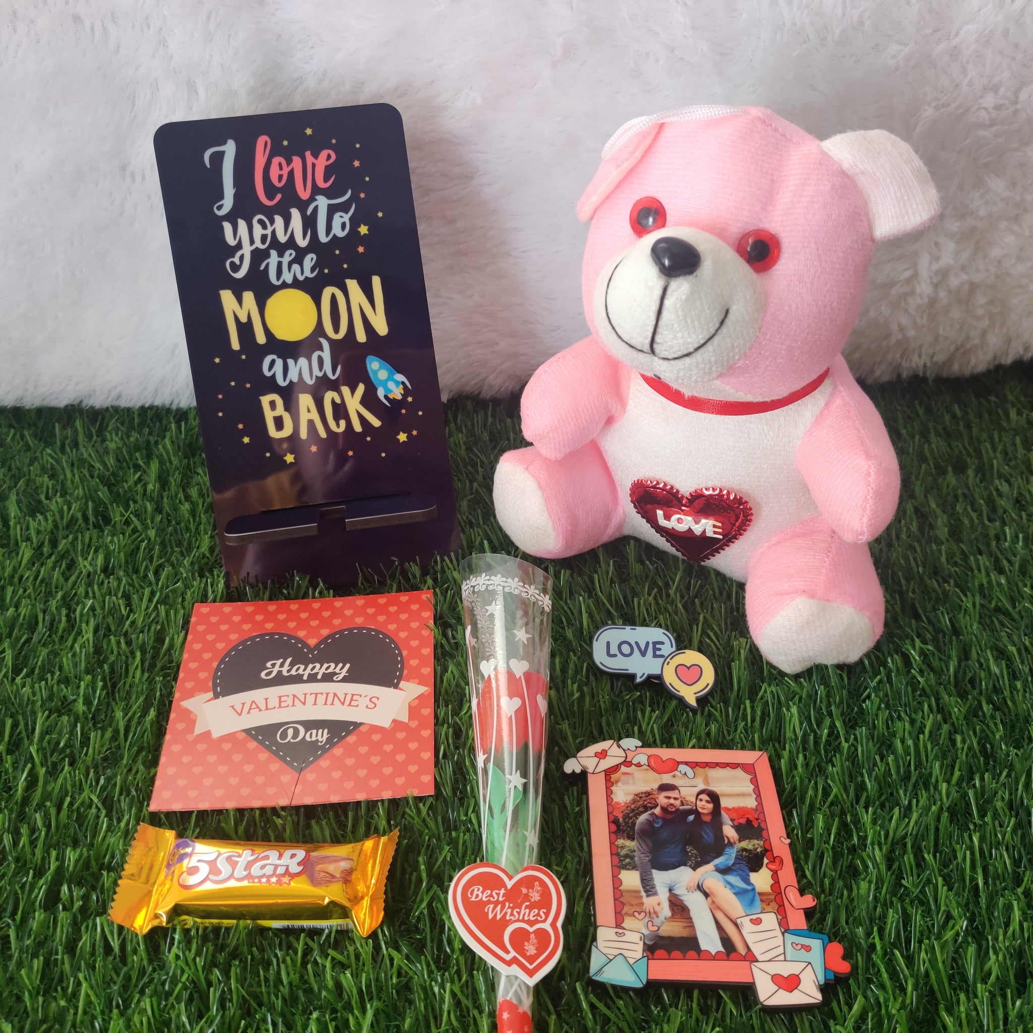 Valentine Gift (Hamper No 8)- 7 products (Mobile Stand, Personalised Magnet, Lapel Pin, Card, Chocolate , Teddy, and Rose)
