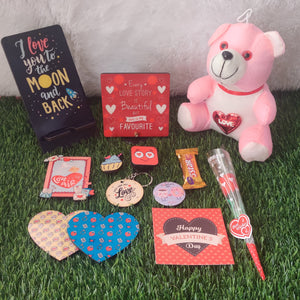 Valentine Gift (Hamper No 14)- 10 products (Mobile Stand , Desk Frame, Fridge Magnet ,,Pop Socket, Badge, Lapel Pin, Card, Chocolate , Teddy and Rose)