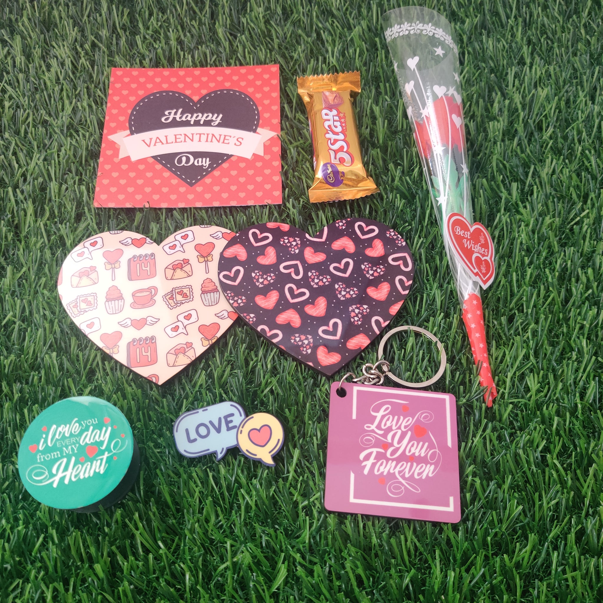 Valentine Gift Box (Hamper No 4) - 7 products (Coaster , Pop Socket, Keychain, Lapel Pin, Card, Chocolate and Rose)