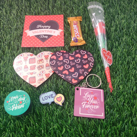 Valentine Gift Box (Hamper No 4) - 7 products (Coaster , Pop Socket, Keychain, Lapel Pin, Card, Chocolate and Rose)