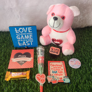 Valentine Gift (Hamper No 9)- 8 products (Fridge Magnet, Table Frame, Mobile Pop Holder, Badge, Card, Chocolate , Teddy, and Rose)
