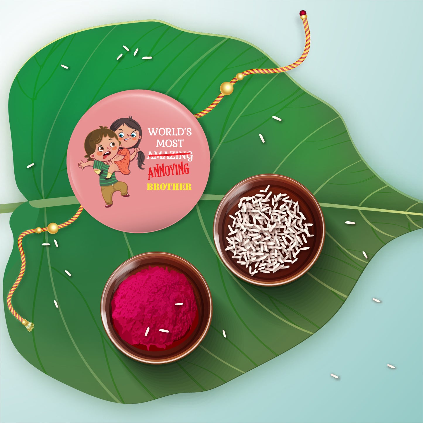 Annoying Brother Rakhi shown both on a thread and as a fridge magnet.