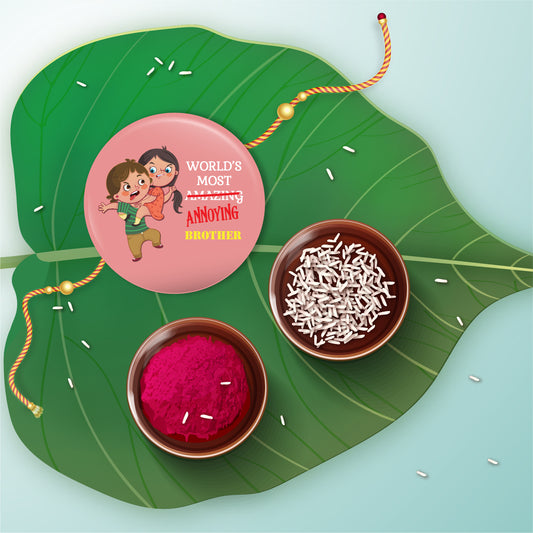 Annoying Brother Rakhi shown both on a thread and as a fridge magnet.